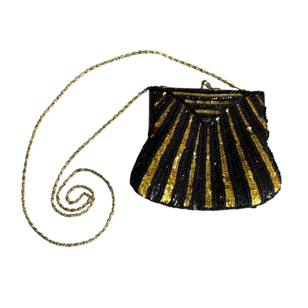 Vintage Art Deco Beaded Sequin Evening Bag Black Gold Hand Made‎ in Hong Kong